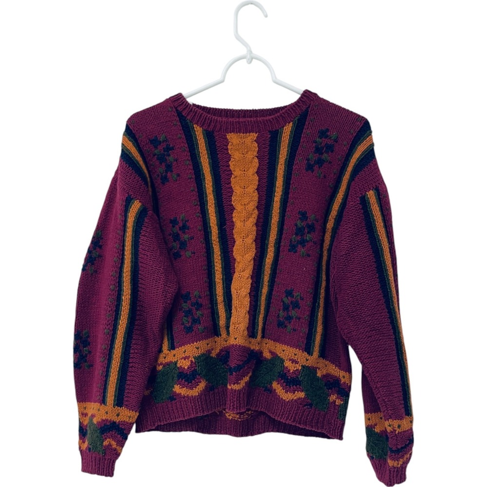 Autograph Vintage Sweater Purple Striped‎ Floral Womens Size S Cable Knit 90s